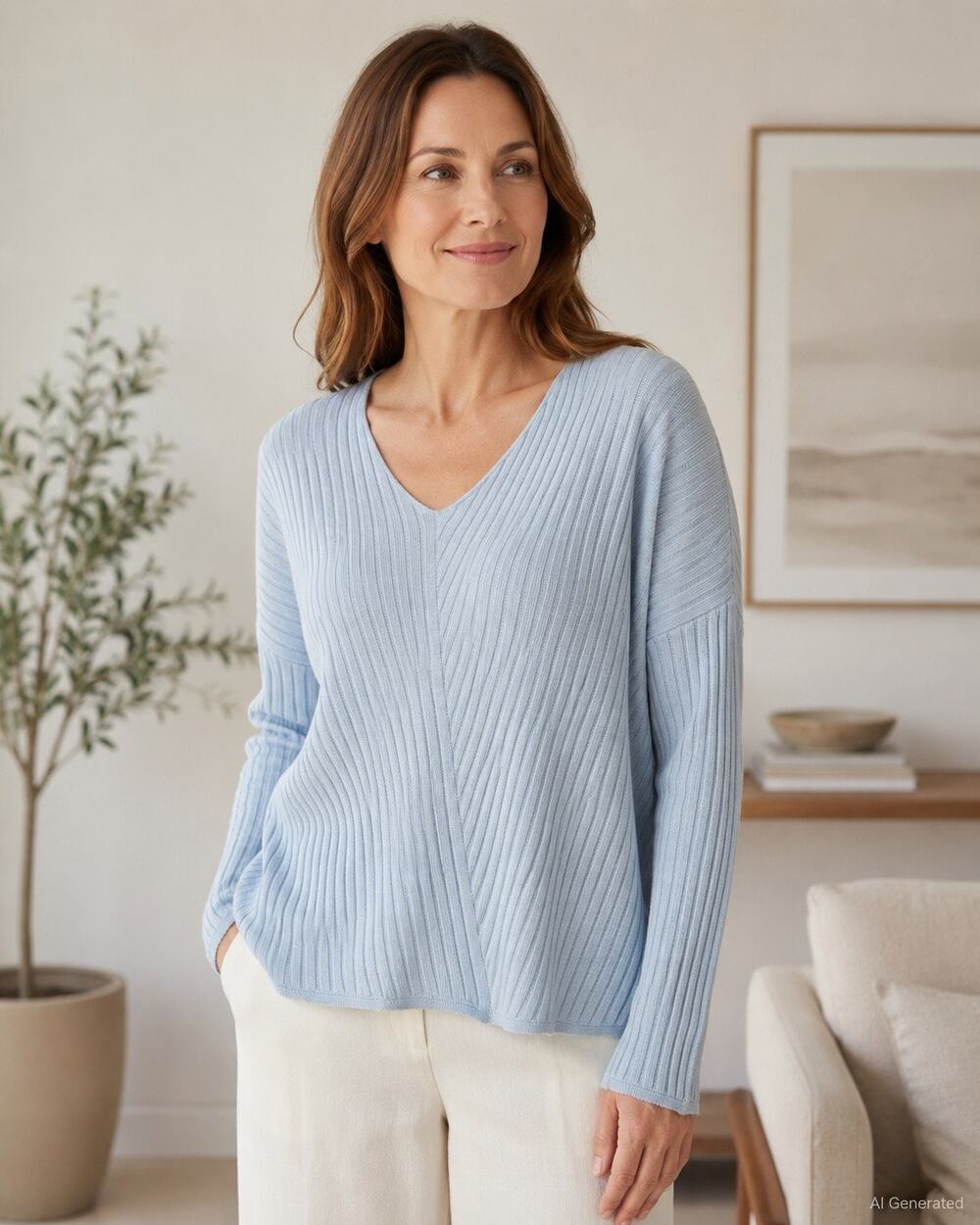 Eileen Fisher XXS Light Blue Ribbed V Neck Sweater Tencel Cotton Silk Minimalist